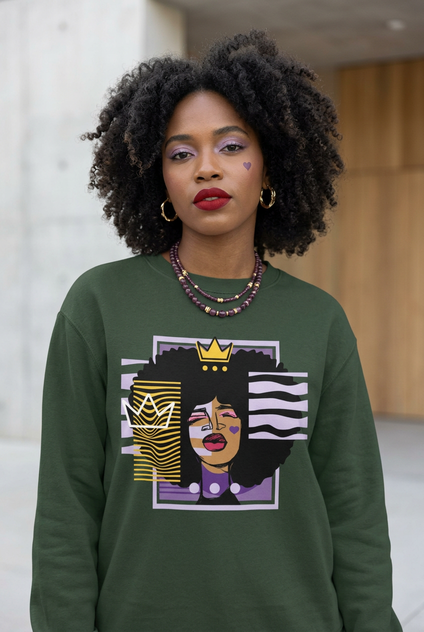 A woman with curly black hair wearing a dark green crewneck sweatshirt with a colorful graphic print of a stylized woman with an afro, gold crown, and black-and-white stripes. She is wearing gold hoop earrings and layered necklaces, standing in front of a blurred indoor background with a concrete wall and wood paneling.