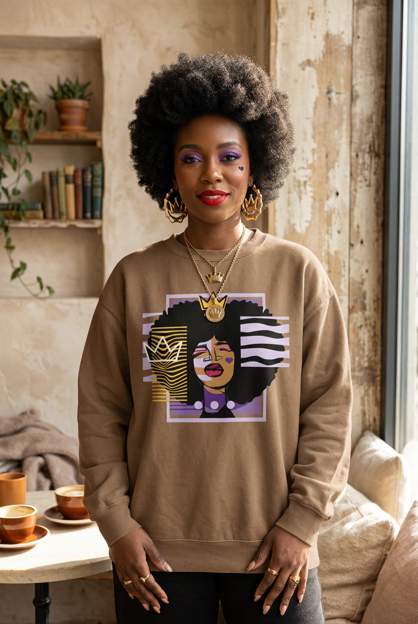 A woman with a large black afro hairstyle stands indoors wearing a beige crewneck sweatshirt with a colorful graphic print of a woman's face and hair. She is wearing gold jewelry, including a gold crown pendant necklace, hoop earrings, and rings, in a cozy room with a rustic wall, shelves, and a table with coffee cups.