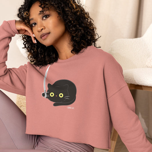 Cute Black Cat plays with Sabre Crop Sweatshirt