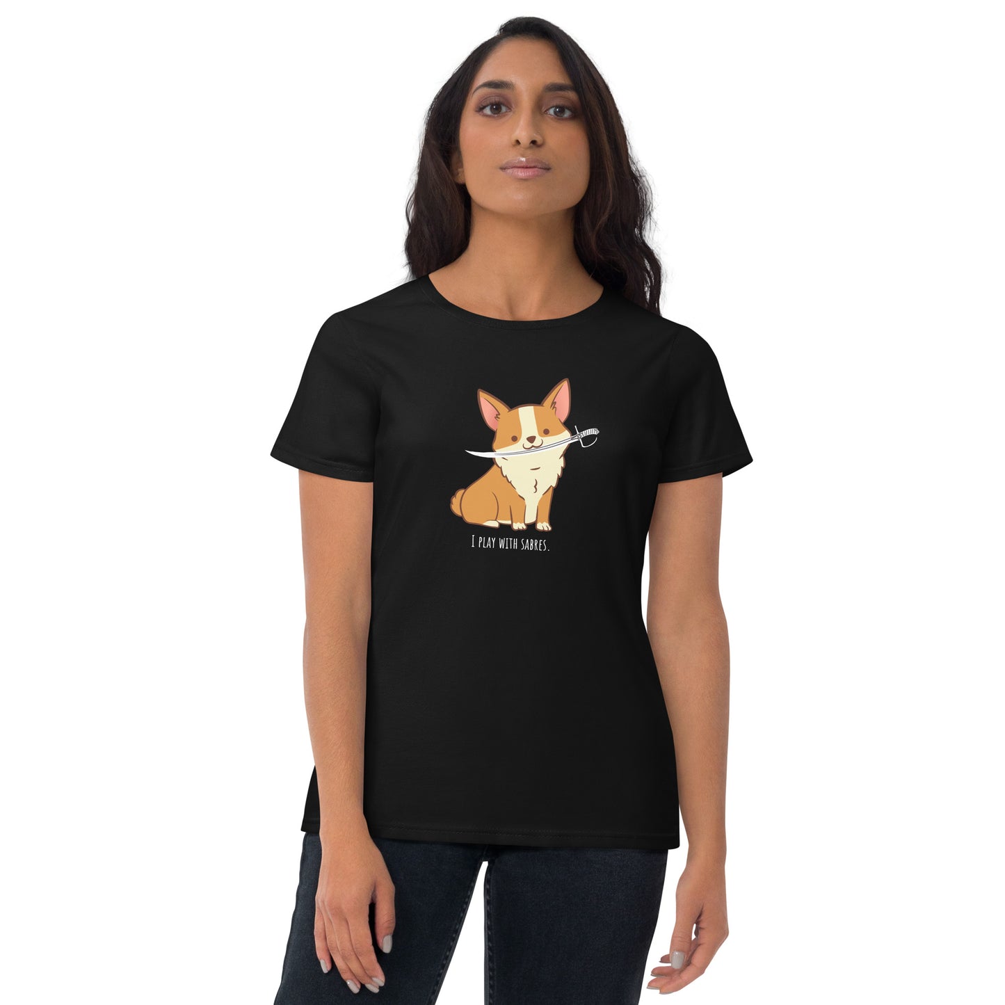 Cute Corgi plays with sabre (Color Guard) Women's Fashion Fit T-shirt