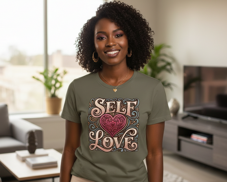 A woman with curly dark hair wearing an olive green hoodie with a colorful retro graphic that reads 'SELF LOVE' around a pink heart, posed against a solid beige background.