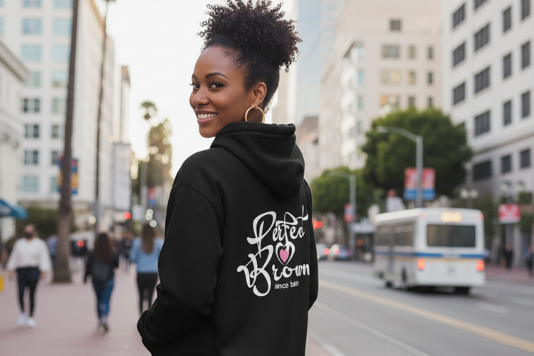 black woman wearing affirmation sweatshirt by Perfect Brown 