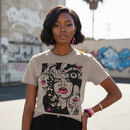 Woman wearing a affirmation graphic tee with artistic design in an urban setting