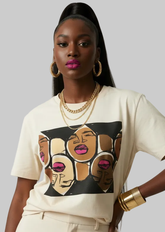Woman wearing a cream t-shirt with a graphic design of three women faces, standing against a gray background.