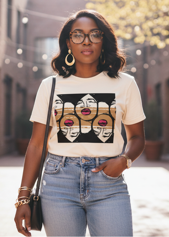 Woman wearing a affirmation graphic tee with images of black women