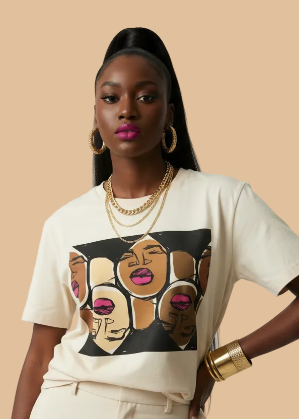Woman wearing a white t-shirt with a affirmation graphic design of black women faces and pink lips on a beige background