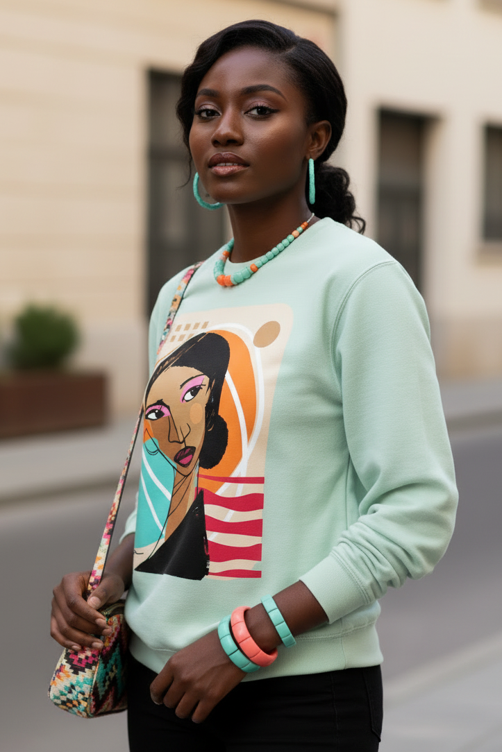 Woman wearing a light green affirmation sweatshirt with a graphic design, standing outdoors.
