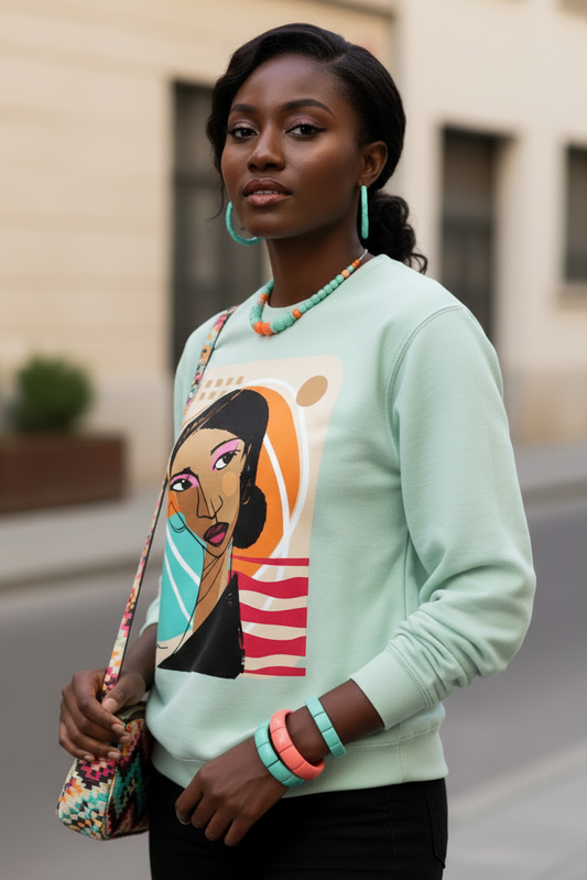 Woman wearing a light green affirmation sweatshirt with a graphic design, standing outdoors.