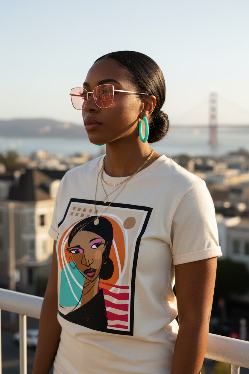 Woman wearing a t-shirt with a graphic design of a brown woman's face, standing against an urban background.