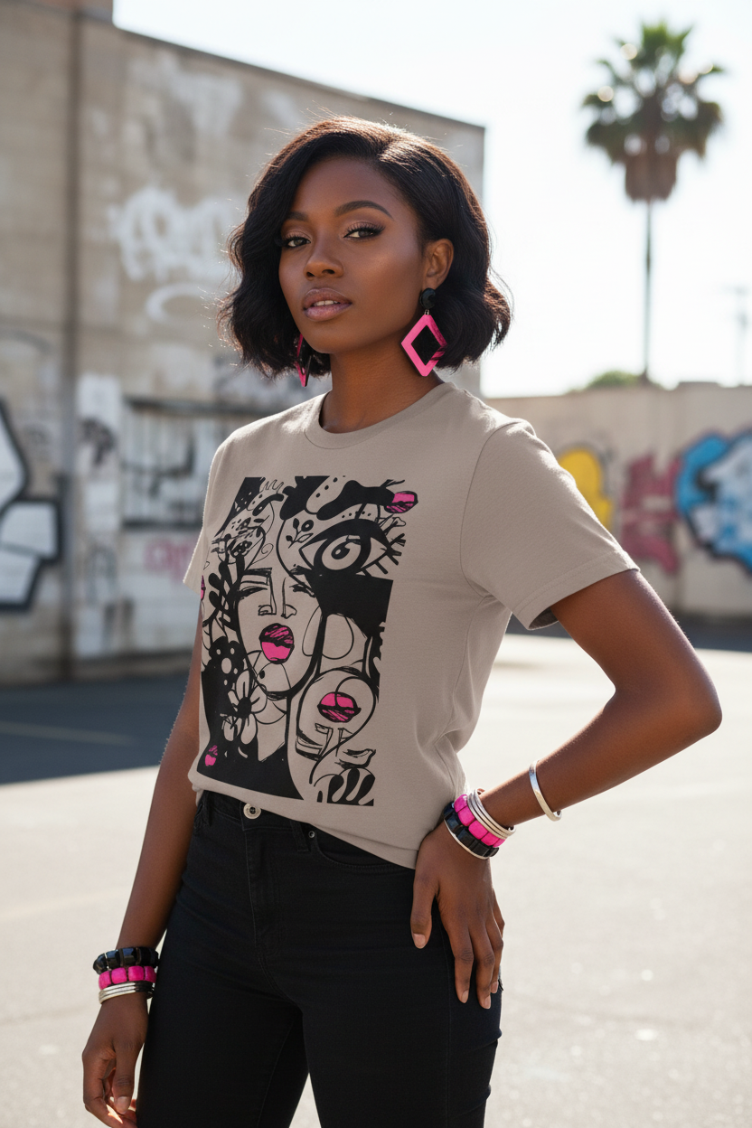 Woman wearing an affirmation graphic tee with a stylized face design in an urban setting.