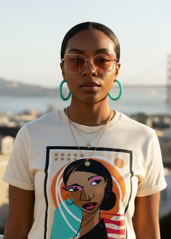Person wearing a t-shirt with a graphic design of a woman's face.