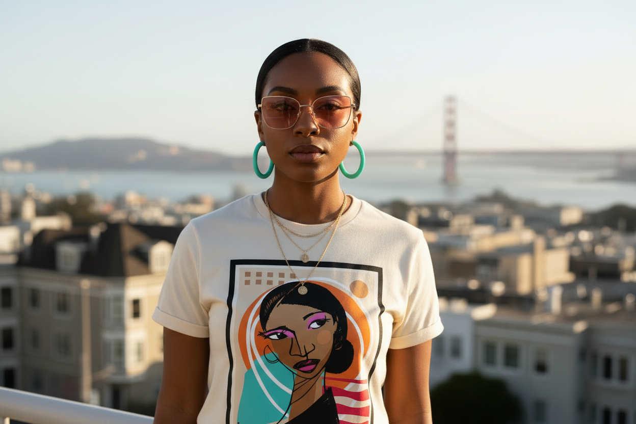 Person wearing a t-shirt with a graphic design of a woman's face, standing in front of a cityscape with a bridge.