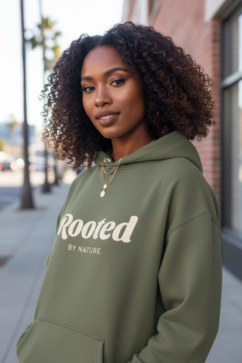 Woman wearing a green oversized hoodie with 'Rooted by Nature' by perfect brown text on a city street.