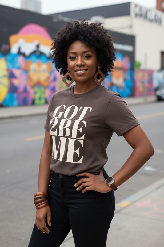 Brown-skinned woman wearing affirmation graphic tee by Perfect Brown