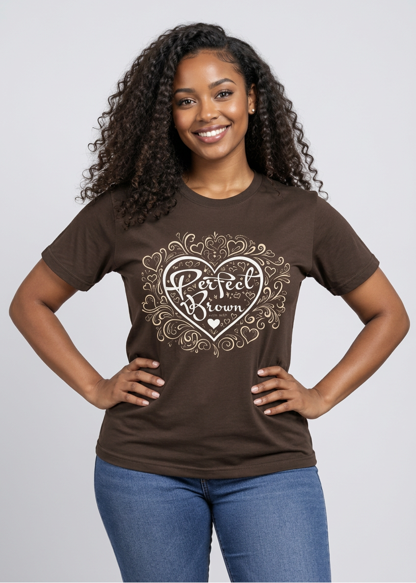 A smiling woman with curly hair wearing a brown short-sleeve t-shirt with a white graphic that reads 'Perfect Brown' inside a heart design, paired with blue jeans, against a light gray studio background.