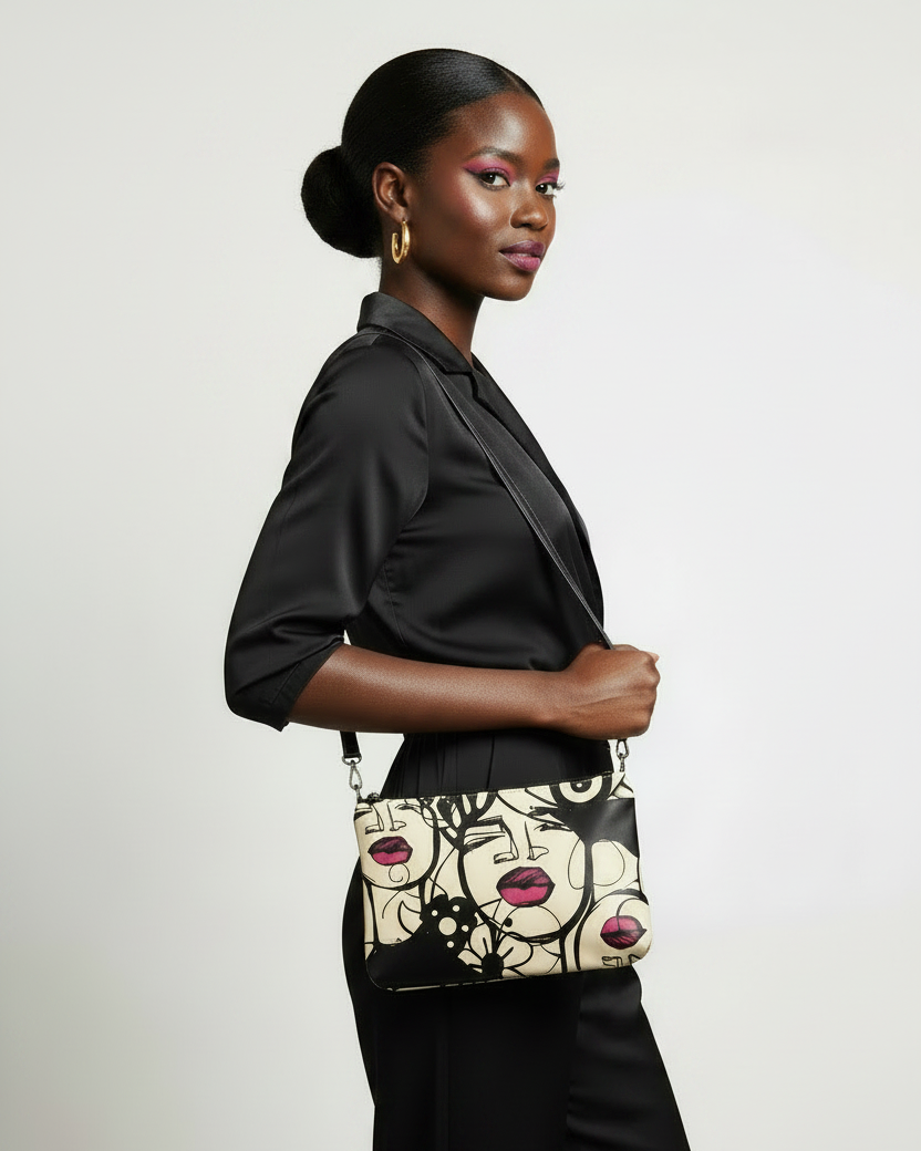 Woman holding a black handbag with a unique design on a plain background