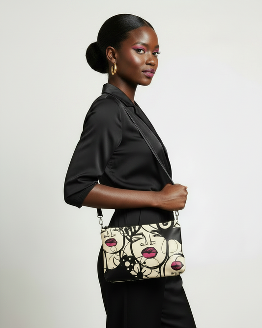 Woman holding a black handbag with a unique design on a plain background