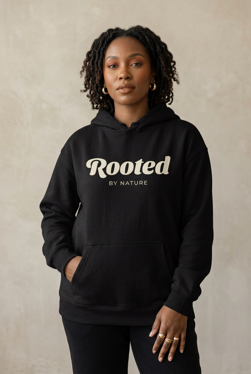 A woman wearing a black pullover hoodie with 'Rooted BY NATURE' printed in beige across the chest, standing against a textured beige wall.