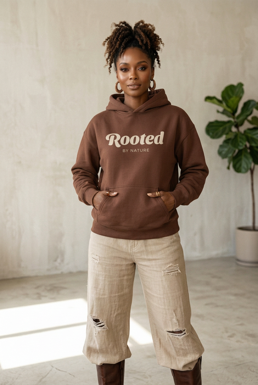 A woman stands indoors wearing a brown pullover hoodie with the words 'Rooted BY NATURE' printed across the chest in a light beige tone, paired with light beige distressed wide-leg pants and dark brown boots. The room has a textured light beige wall, a potted plant, and natural light coming from the left.