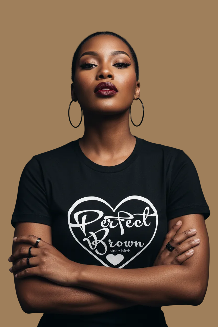 Woman wearing a black t-shirt with 'Perfect Brown since birth' text on a brown background