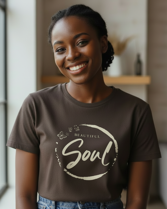 Woman wearing a brown t-shirt with 'Beautiful Soul' design, smiling indoors.