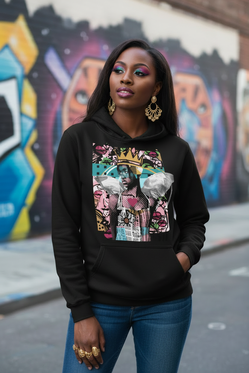 A woman wearing a black pullover hoodie with a colorful graphic print on the front, paired with blue jeans and gold jewelry, standing in front of a graffiti-covered wall.