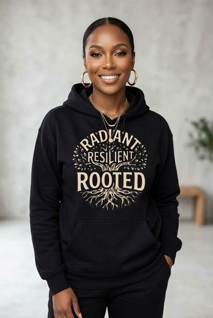 A smiling woman wearing a black pullover hoodie with a large beige graphic print that reads 'RADIANT RESILIENT ROOTED' around a tree root design, posed against a soft gray indoor background.