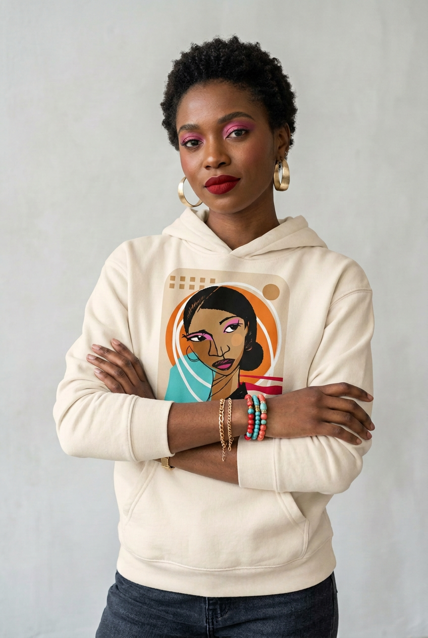 A woman wearing a cream-colored hoodie with a colorful graphic print of a woman's face on the front, posed with arms crossed against a light gray background.