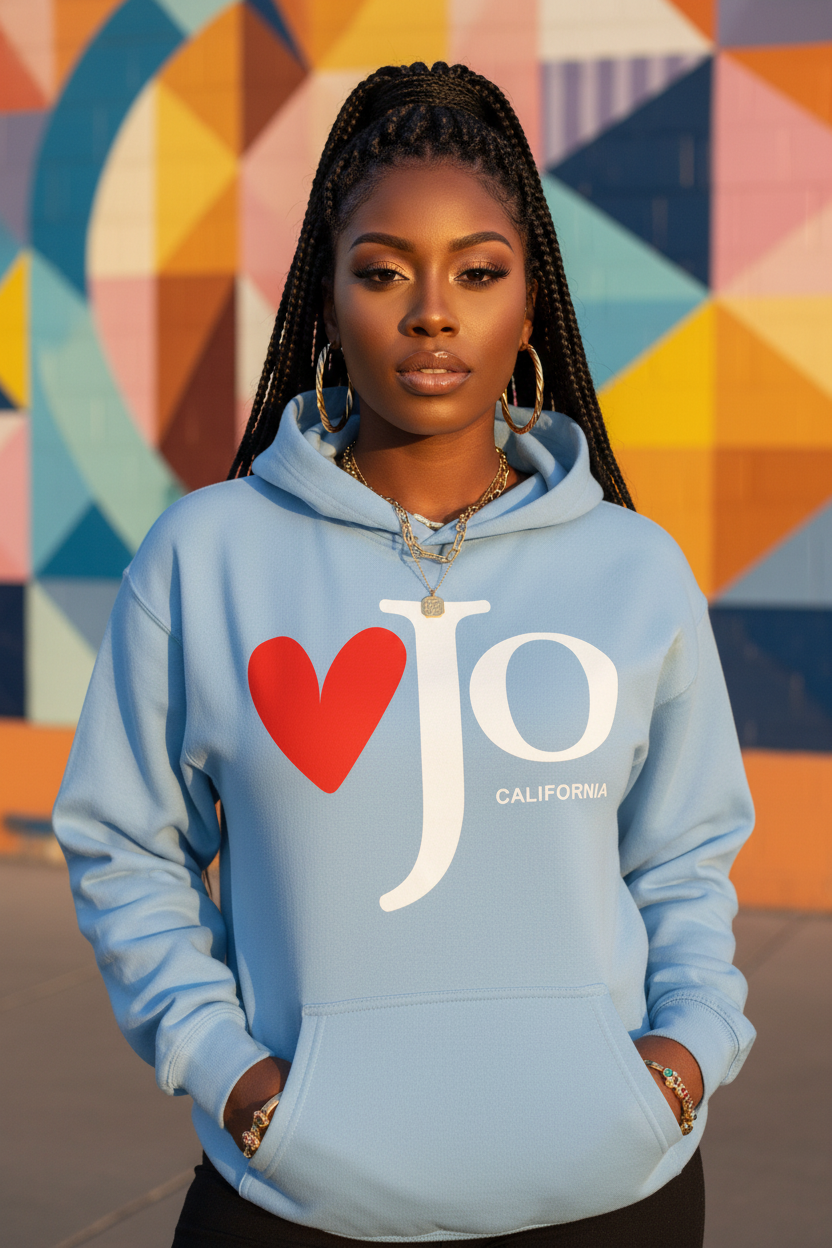 A woman wearing a light blue hoodie with a red heart and white 'Jo California' graphic, standing in front of a colorful geometric wall.