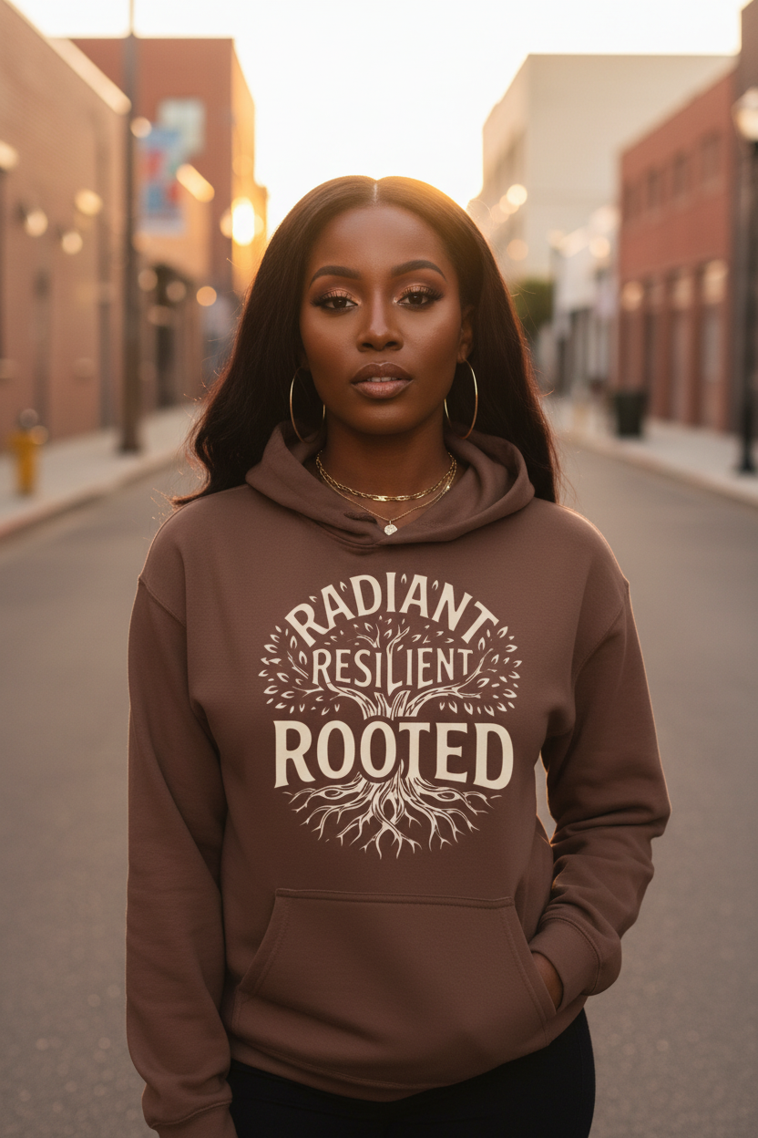 A woman stands on a city street at sunset wearing a brown hoodie with a cream graphic that reads 'RADIANT RESILIENT ROOTED' around a tree and roots. The background is a blurred urban street scene with warm golden light.