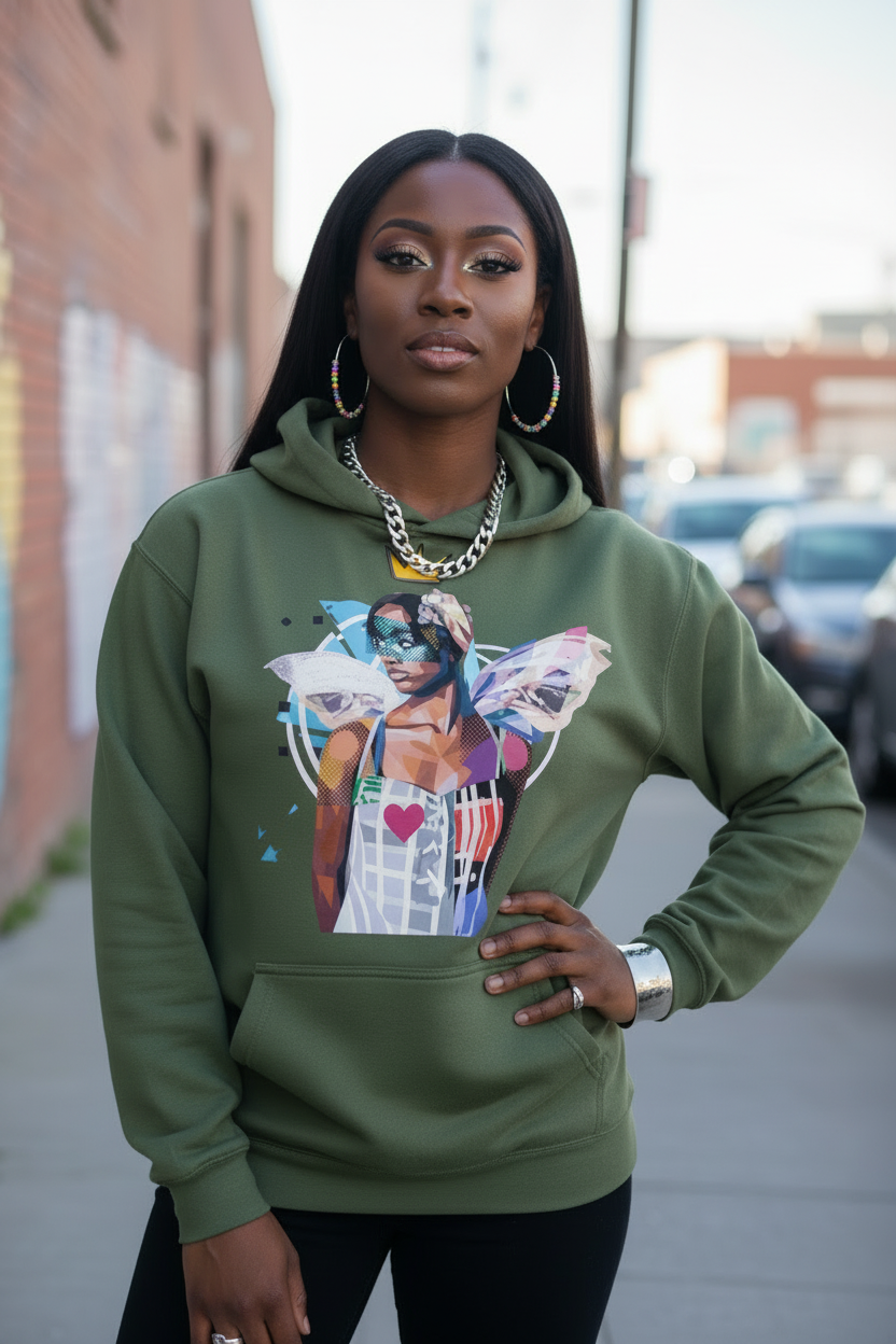 A woman wearing an olive green hoodie with a colorful graphic print of a woman with wings, standing on a city sidewalk with blurred buildings and parked cars in the background.