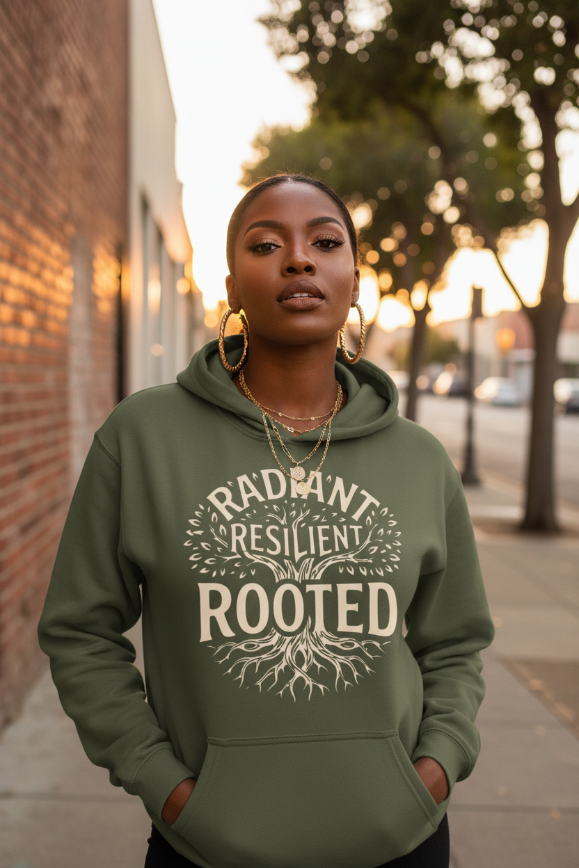 A woman wearing an olive green hoodie with a cream-colored graphic that reads 'RADVANT RESILIENT ROOTED' with tree roots, standing on a city sidewalk at sunset.