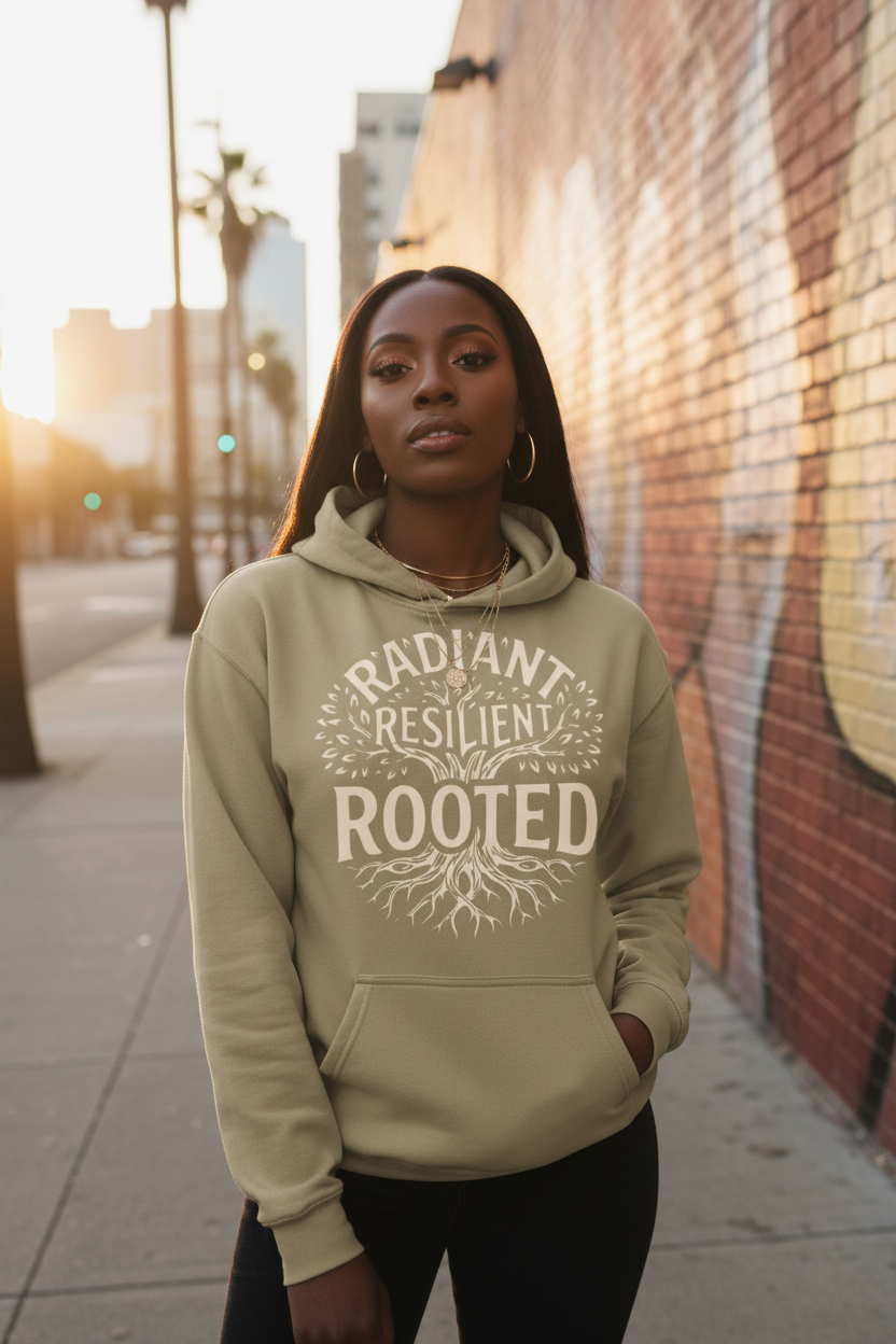 A woman wearing a beige hoodie with a white graphic print that reads 'RADIANT RESILIENT ROOTED' with a tree design, standing on a city sidewalk next to a brick wall.