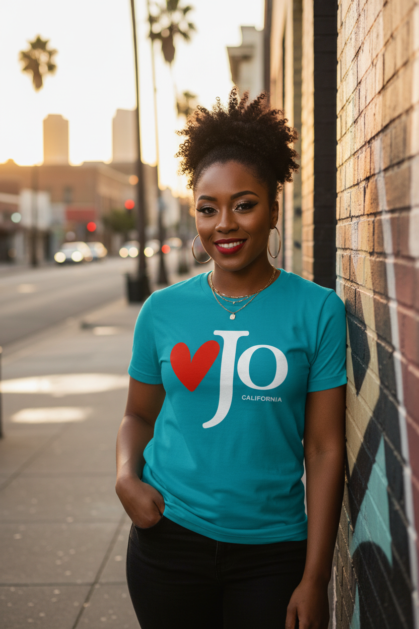 A woman stands on a city sidewalk leaning against a brick wall, wearing a bright turquoise T-shirt with a large red heart and white 'Jo California' graphic on the front.