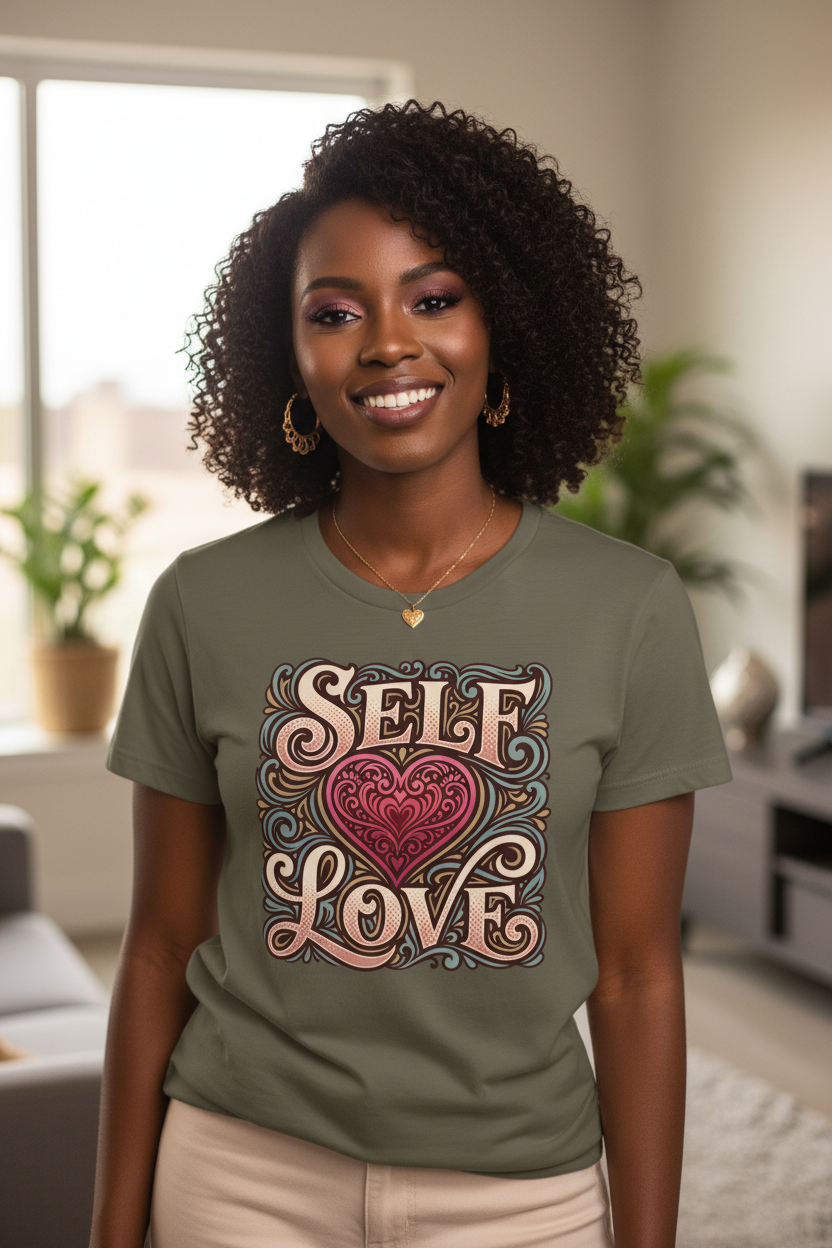A smiling woman with curly black hair wearing an olive green graphic t-shirt with a retro-style 'SELF LOVE' heart design, standing in a brightly lit living room.