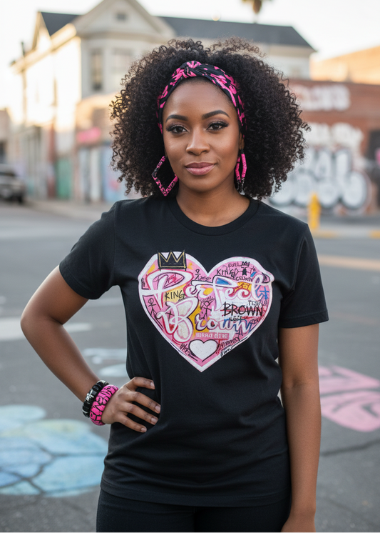 A woman wearing a black graphic t-shirt with a large pink and multicolor heart design on the front, standing outdoors on a city street.