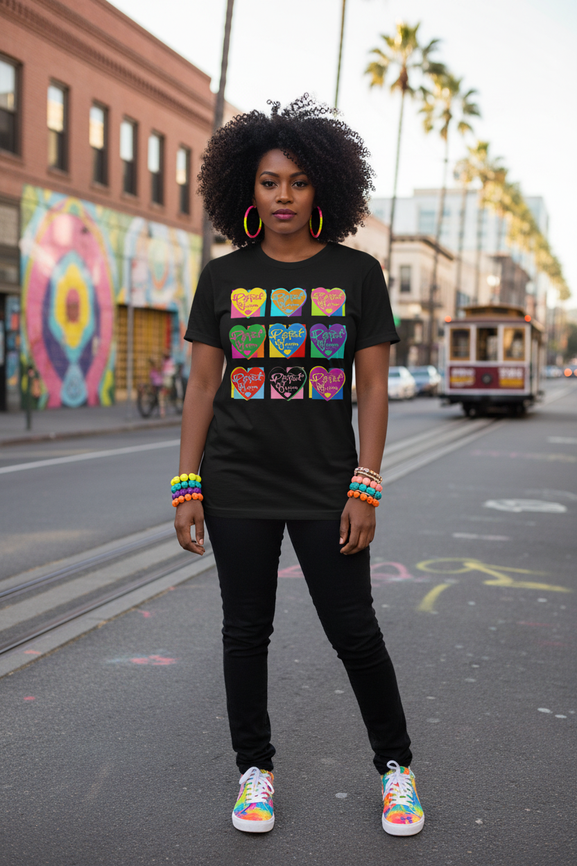 A woman stands on a city street wearing a black graphic T-shirt with a colorful grid of cartoon faces, black pants, and multicolored sneakers. The background shows a blurred urban street scene with buildings, palm trees, and a cable car.