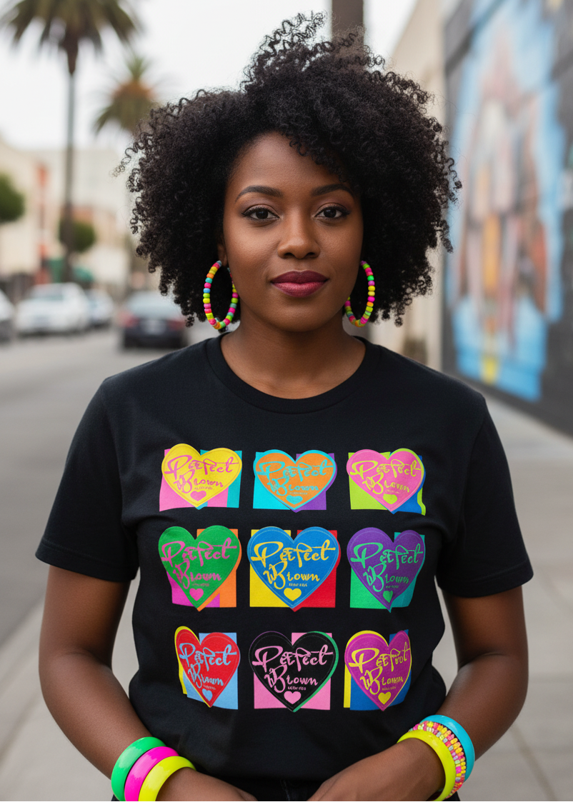 A woman with curly black hair stands outdoors on a city street wearing a black graphic T-shirt with a colorful grid of neon hearts and the text 'Perfect Storm' in multiple bright colors. She is also wearing large hoop earrings and neon wristbands.