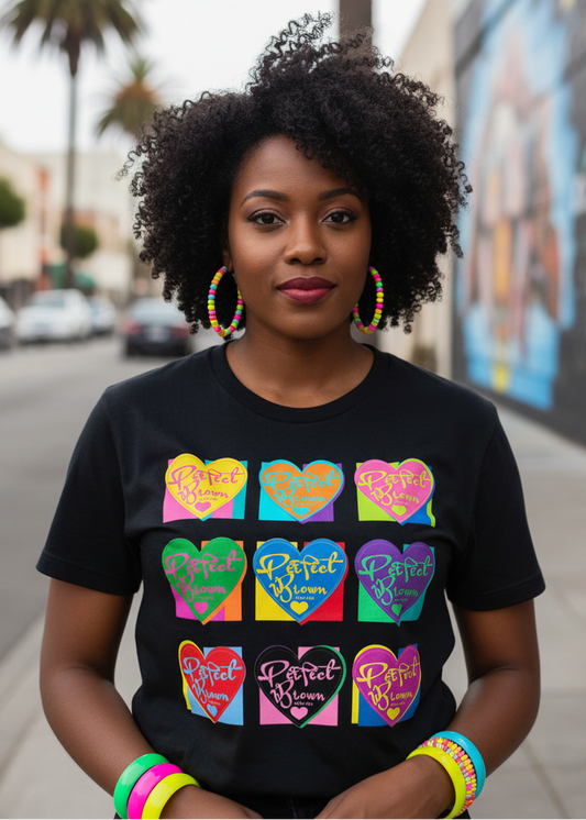 A woman with curly black hair stands outdoors on a city street wearing a black graphic T-shirt with a colorful grid of neon hearts and the text 'Perfect Storm' in multiple bright colors. She is also wearing large hoop earrings and neon wristbands.