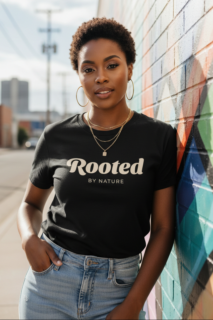 A woman stands outdoors against a colorful brick wall wearing a black graphic T-shirt with the words 'Rooted BY NATURE' in white script and light blue jeans.