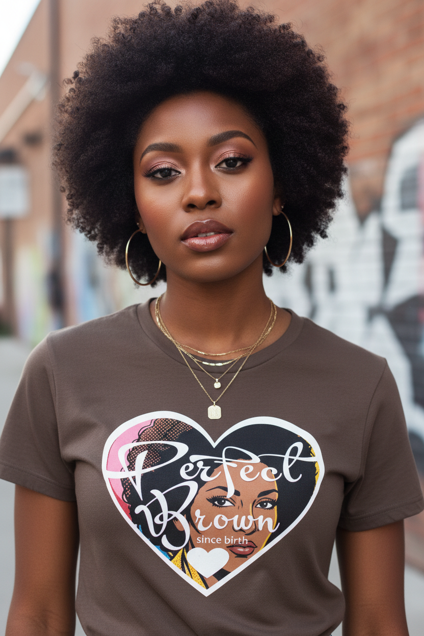 A woman with a large dark brown afro hairstyle wearing a brown t-shirt with a heart-shaped graphic that reads 'Perfect Brown since birth'. The background is a blurred outdoor street scene.