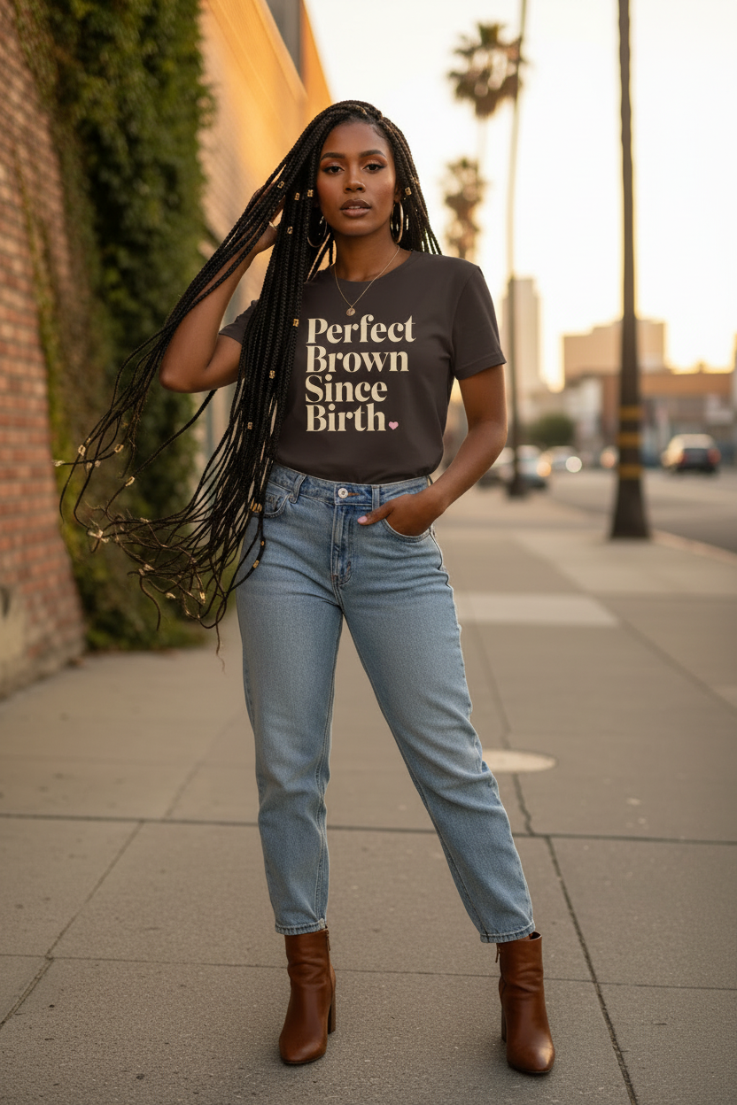 A woman stands on a city sidewalk wearing a dark brown graphic T-shirt that reads 'Perfect Brown Since Birth.' in cream text, paired with light blue jeans and brown ankle boots.