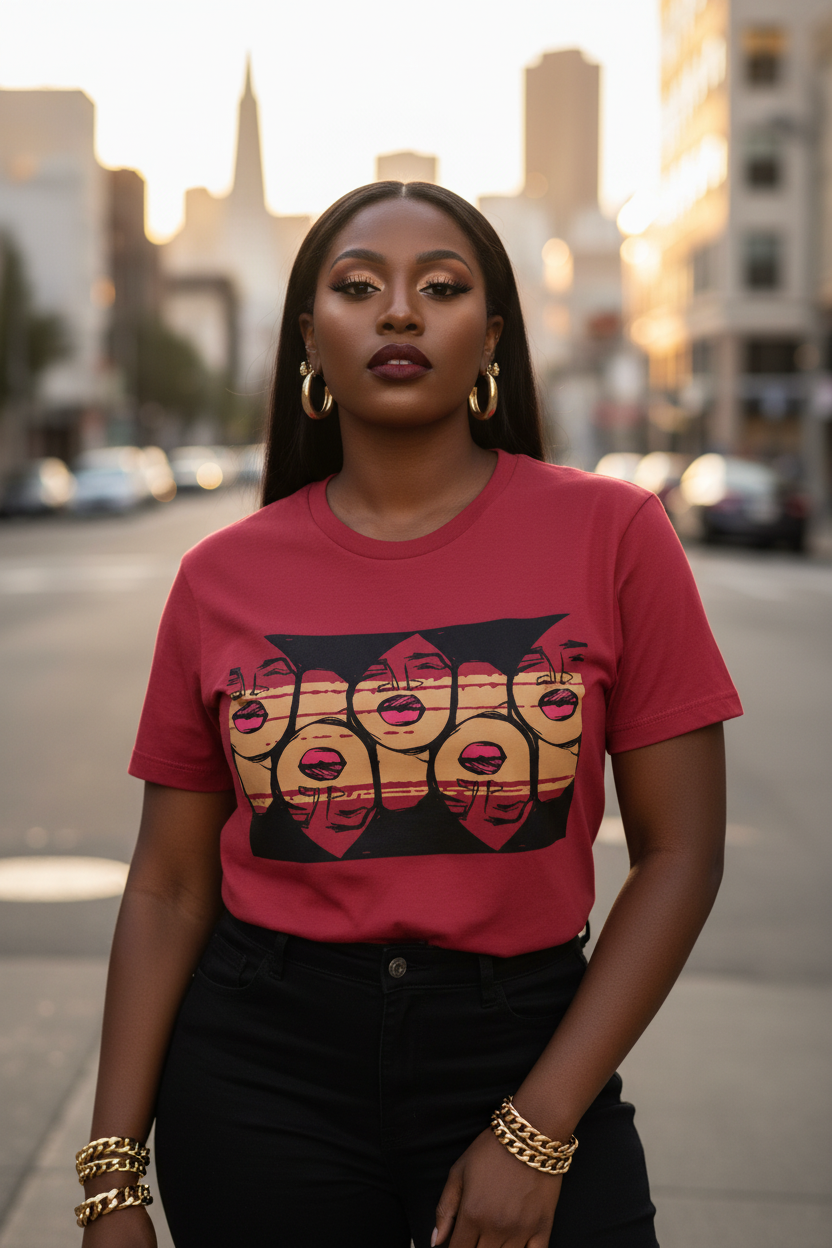 A woman stands on a city street at sunset wearing a red graphic T-shirt with a black, pink, and yellow printed design, paired with black pants and gold jewelry.