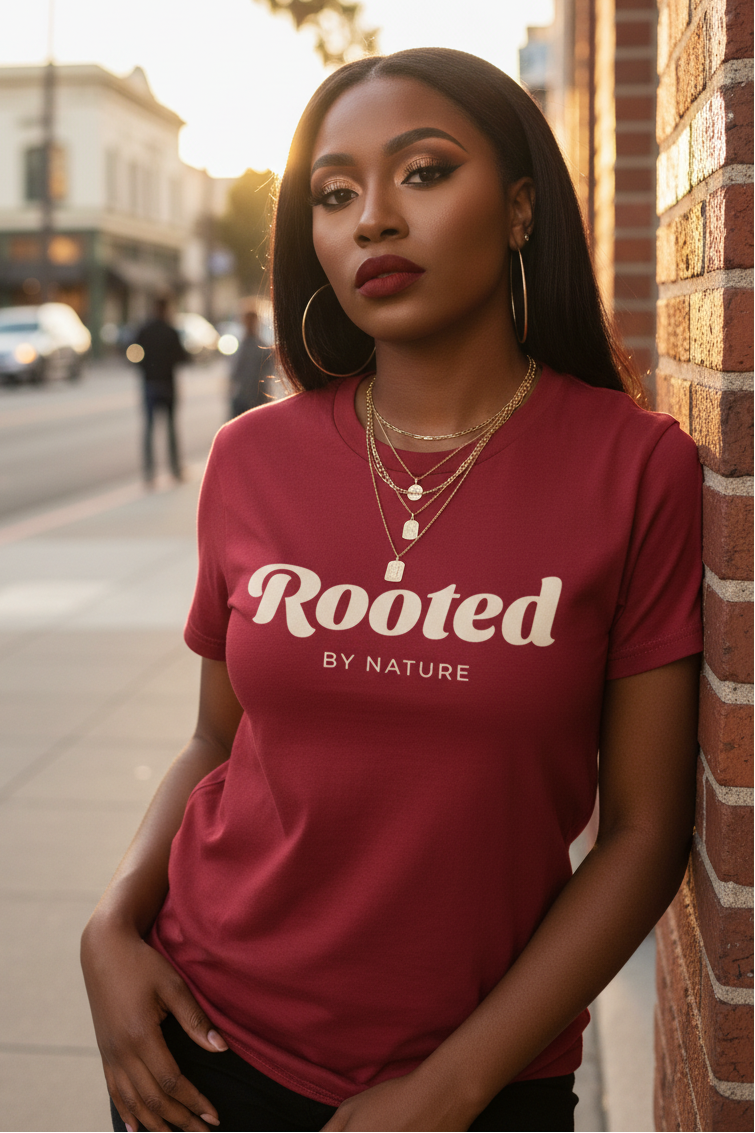 A woman wearing a red t-shirt with 'Rooted BY NATURE' printed in white, posing against a brick wall on a city street at sunset.