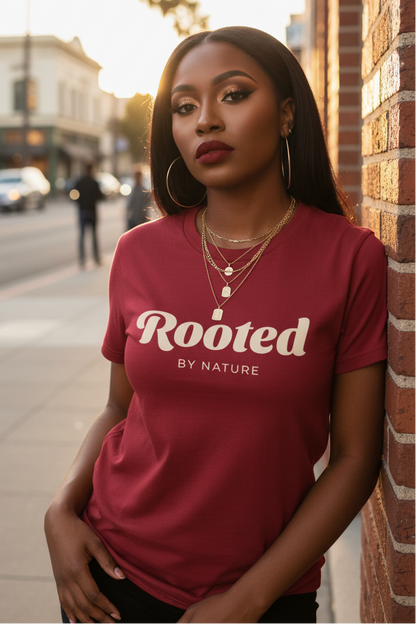 A woman wearing a red t-shirt with 'Rooted BY NATURE' printed in white, posing against a brick wall on a city street at sunset.