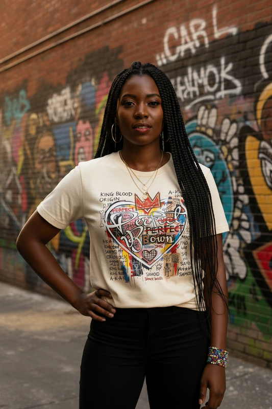 A woman with long black braids stands in front of a graffiti-covered brick wall, wearing a cream-colored graphic t-shirt with a colorful heart design and black pants.