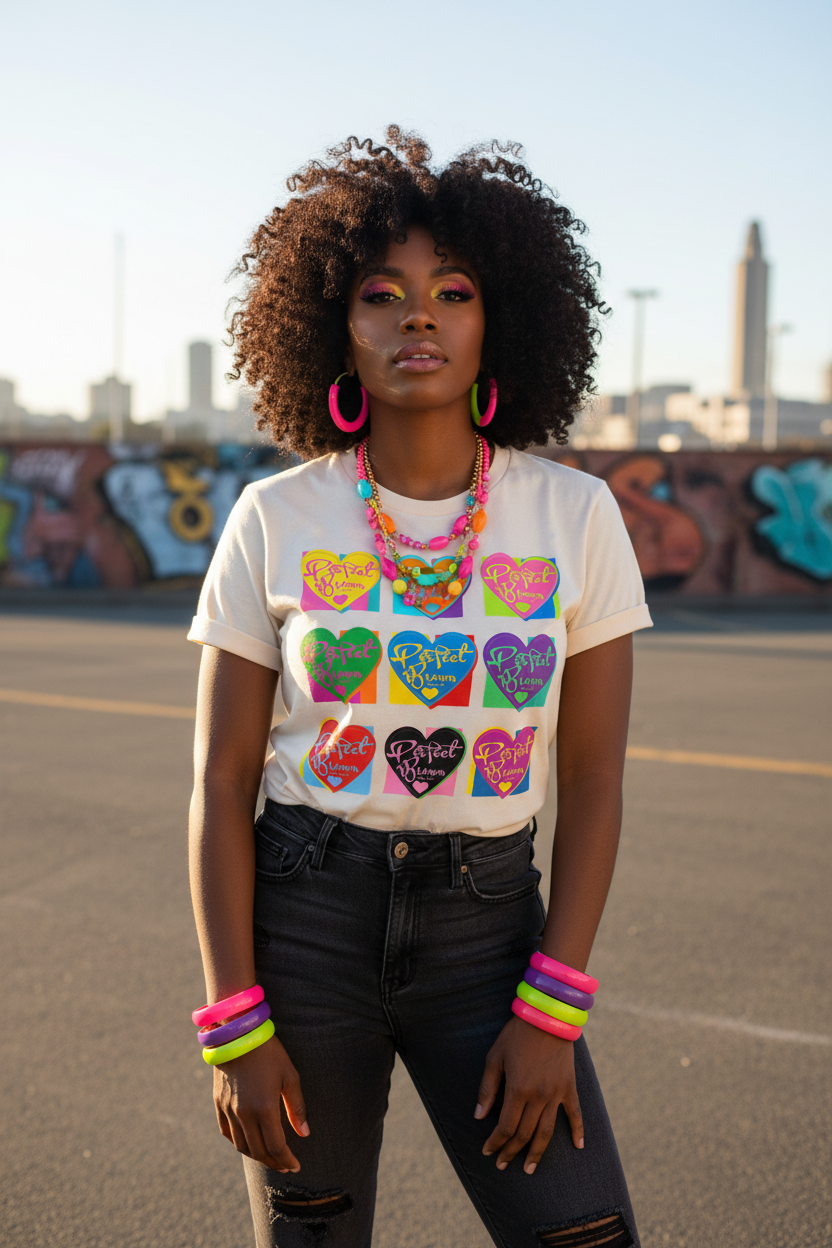 A woman with an afro hairstyle stands in an outdoor urban setting wearing a white graphic t-shirt featuring a colorful grid of hearts with 'Love' written inside them, paired with black jeans and neon pink accessories.