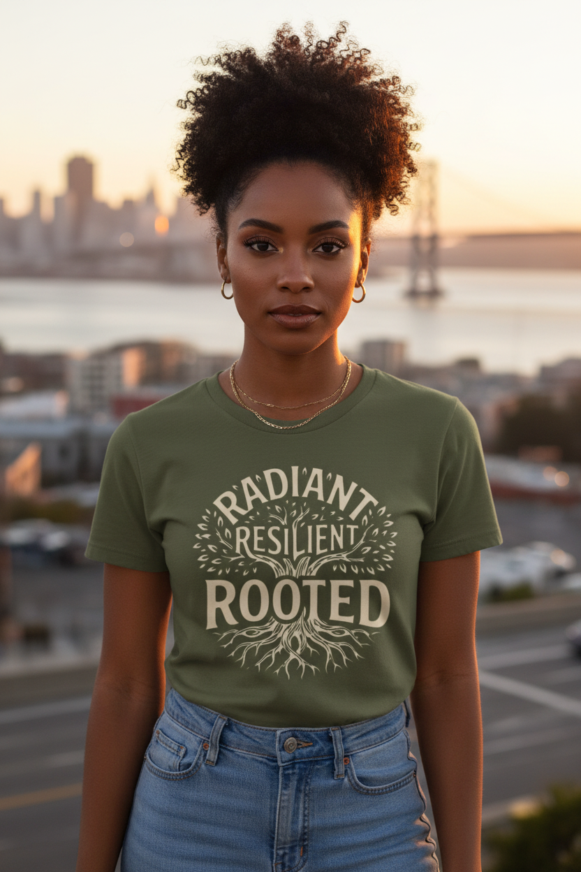 A woman with curly hair stands outdoors wearing an olive green graphic t-shirt with a cream-colored tree design and the words 'RADIANT RESILIENT ROOTED'. The background shows a blurred city skyline and bridge at sunset.