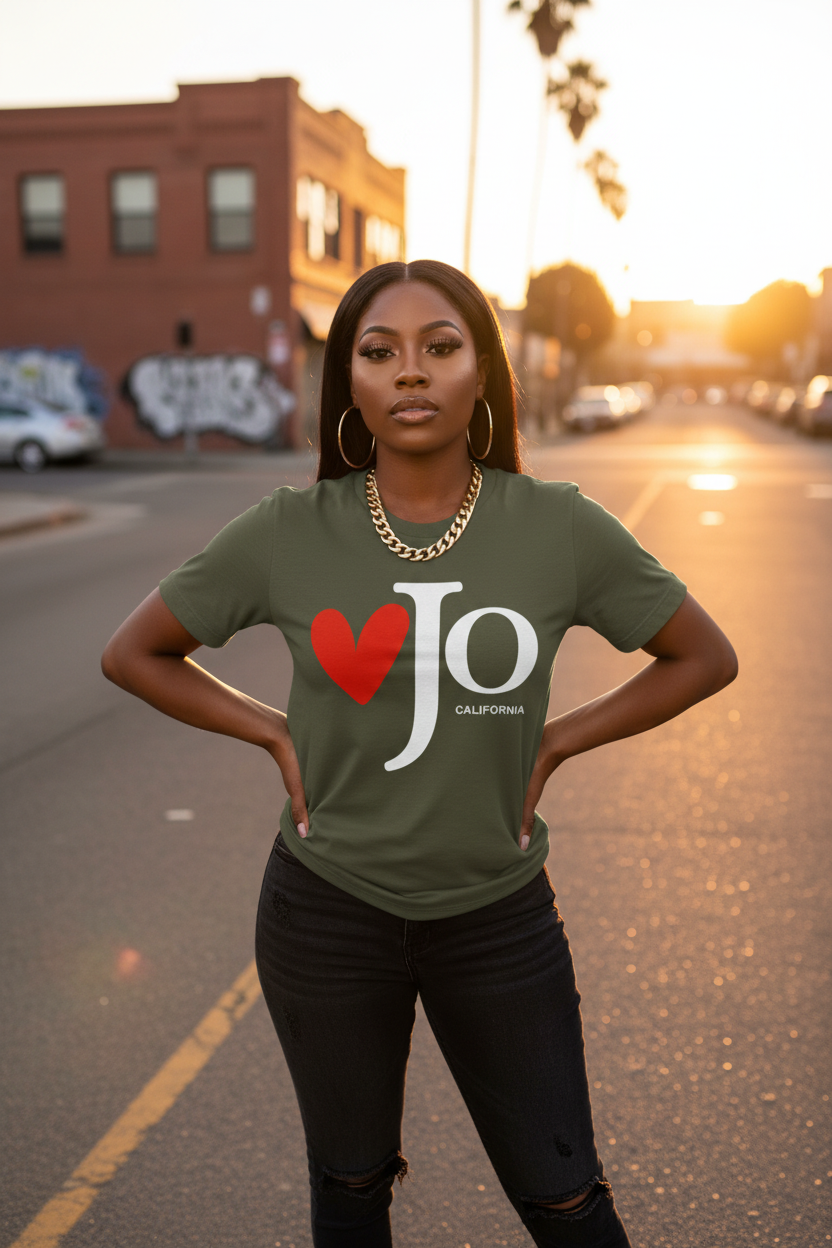 A woman stands on a city street at sunset wearing an olive green graphic T-shirt with a red heart and the text 'Jo California' in white, paired with black ripped jeans and a gold chain necklace.