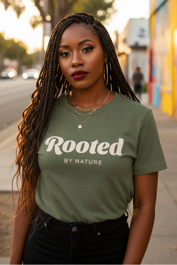 A woman with long braids stands on a city sidewalk wearing an olive green t-shirt with 'Rooted BY NATURE' printed in white across the chest, paired with black jeans.